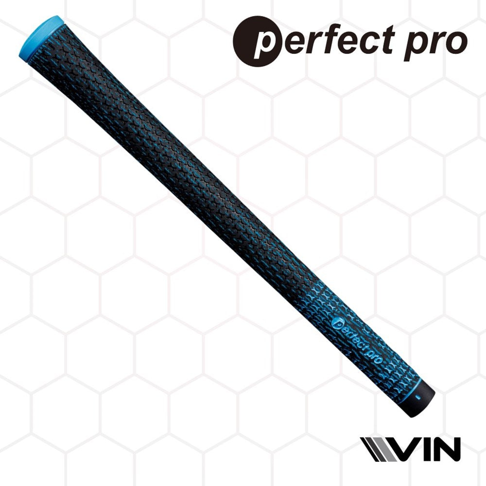 A black golf club grip, labeled 'perfect pro' on a honeycomb pattern background endorsed by Vin Golf