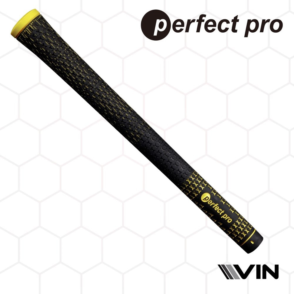 A black golf club grip, labeled 'perfect pro' on a honeycomb pattern background endorsed by Vin Golf