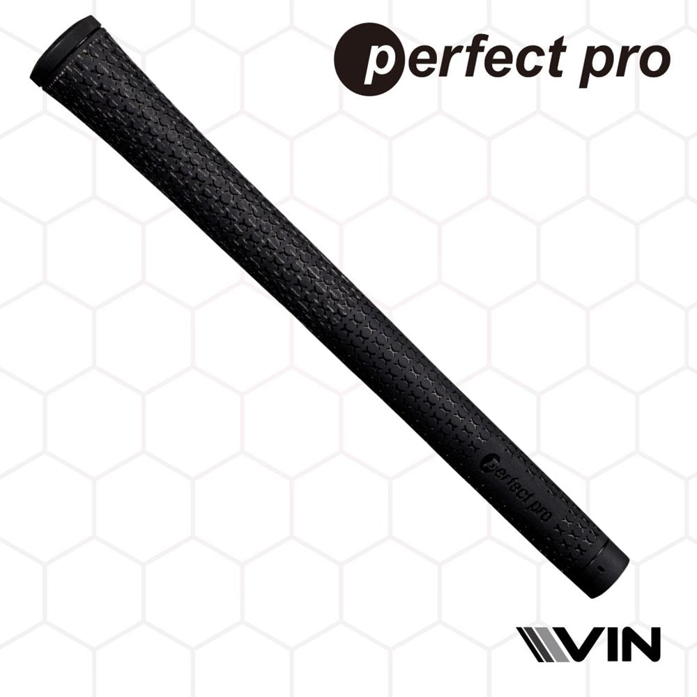 A black golf club grip with half cord texture and the branding 'perfect pro' visible endorsed by vin golf