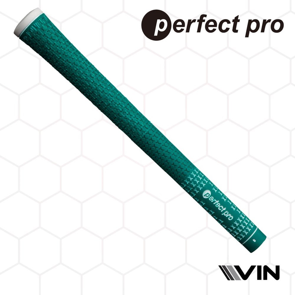 A green golf club grip with half cord texture and the branding 'perfect pro' visible endorsed by vin golf