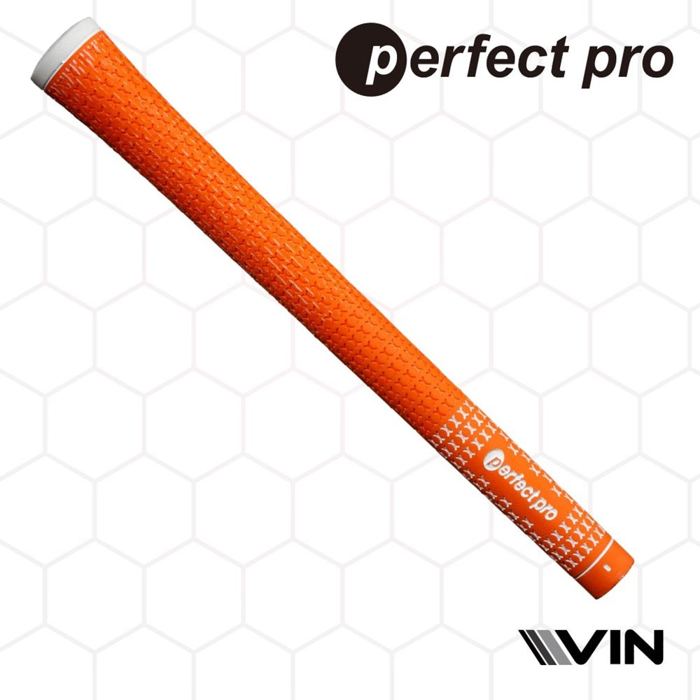 An orange golf club grip with half cord texture and the branding 'perfect pro' visible endorsed by vin golf