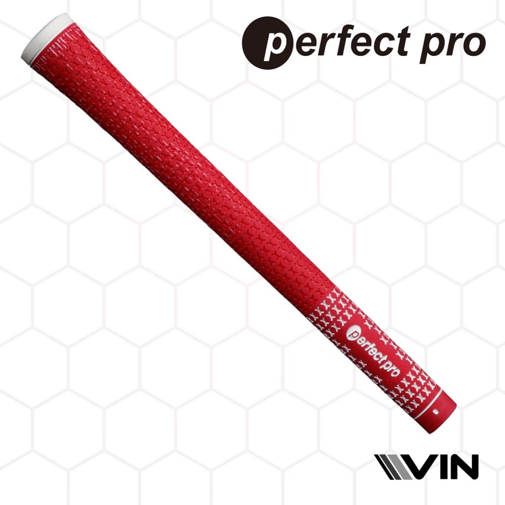 A red golf club grip with half cord texture and the branding 'perfect pro' visible endorsed by vin golf