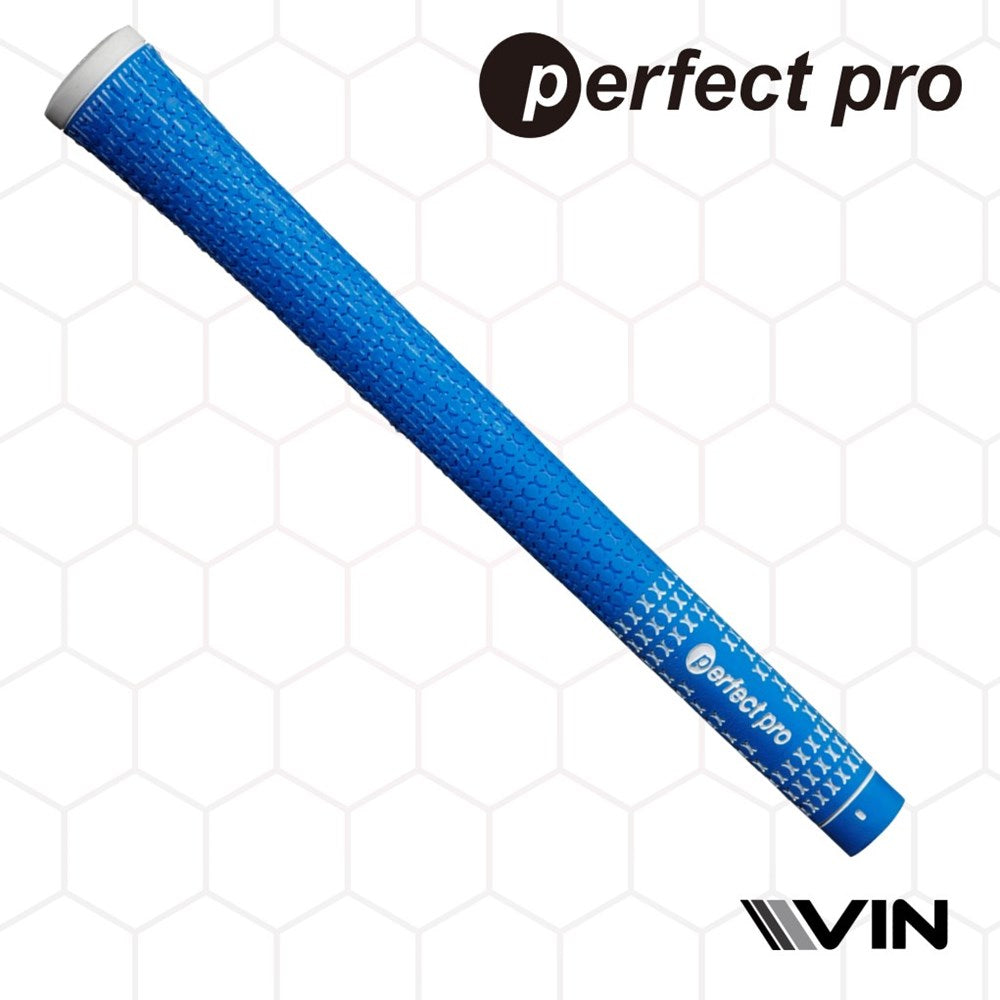 A blue golf club grip with half cord texture and the branding 'perfect pro' visible endorsed by vin golf