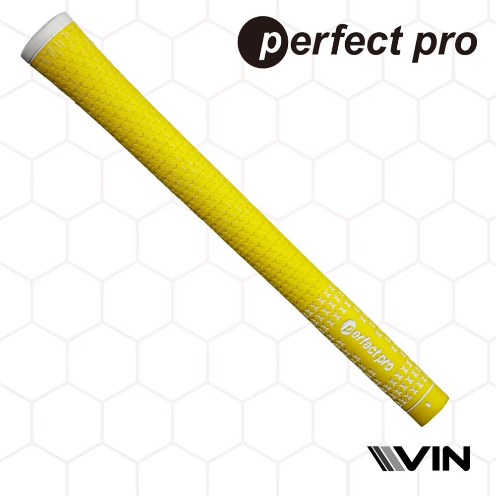 A yellow golf club grip with half cord texture and the branding 'perfect pro' visible endorsed by vin golf