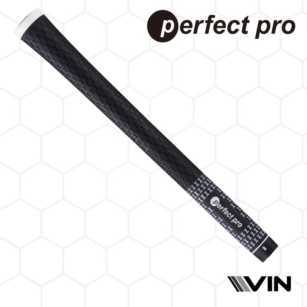 A black midsize golf club grip with a subtle taper and X Hold pattern, marked with the brand name 'Perfect Pro' and endorsed by Vin Golf