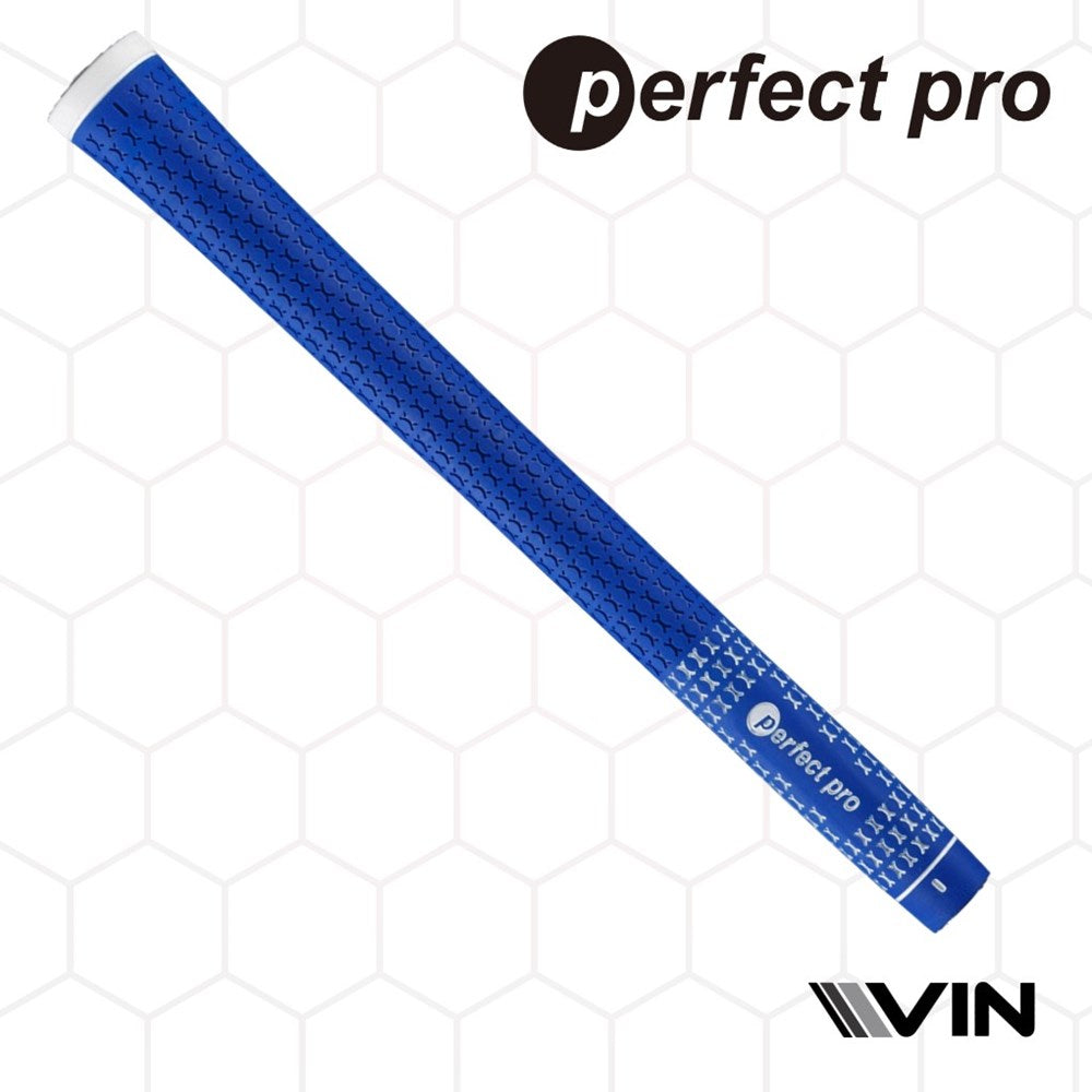 A blue midsize golf club grip with a subtle taper and X Hold pattern, marked with the brand name 'Perfect Pro' and endorsed by Vin Golf