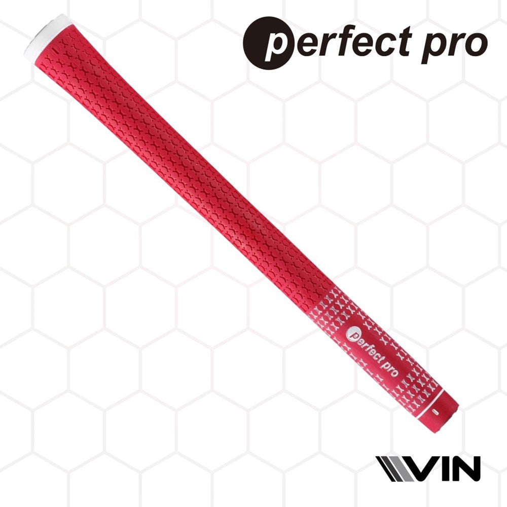 A red midsize golf club grip with a subtle taper and X Hold pattern, marked with the brand name 'Perfect Pro' and endorsed by Vin Golf