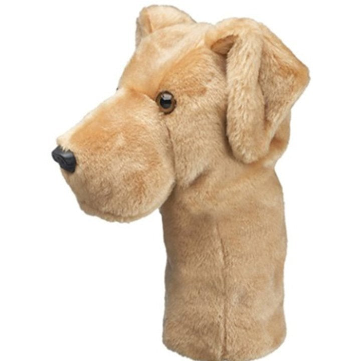 A beige faux fur golf club headcover designed to resemble a dog's head.