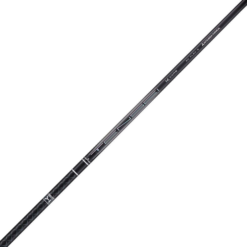 Black golf club shaft with branding on a white background