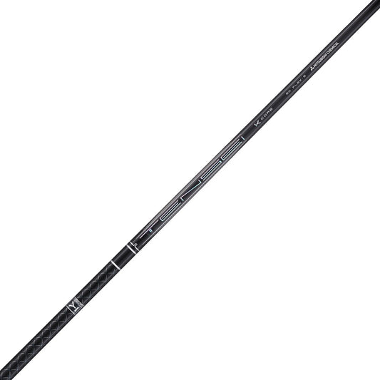 Black golf club shaft with branding on a white background