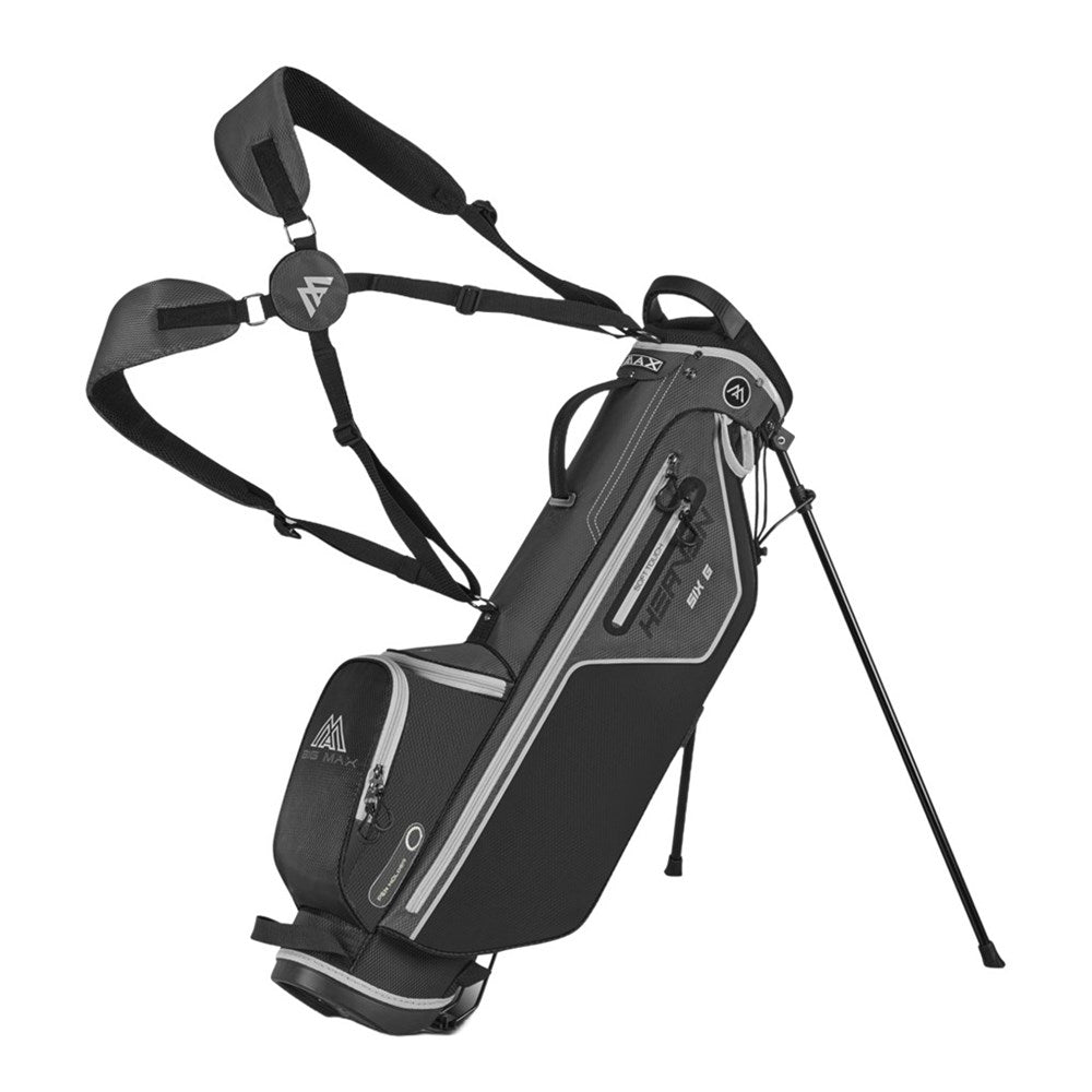 A black golf stand bag with multiple pockets and a harness