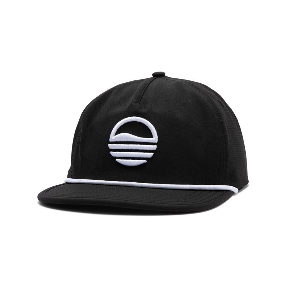 Black cap with a white logo on a white background