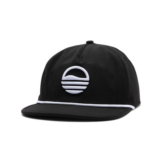 Black cap with a white logo on a white background