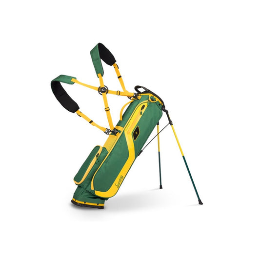 Green and yellow golf bag with a stand on a white background