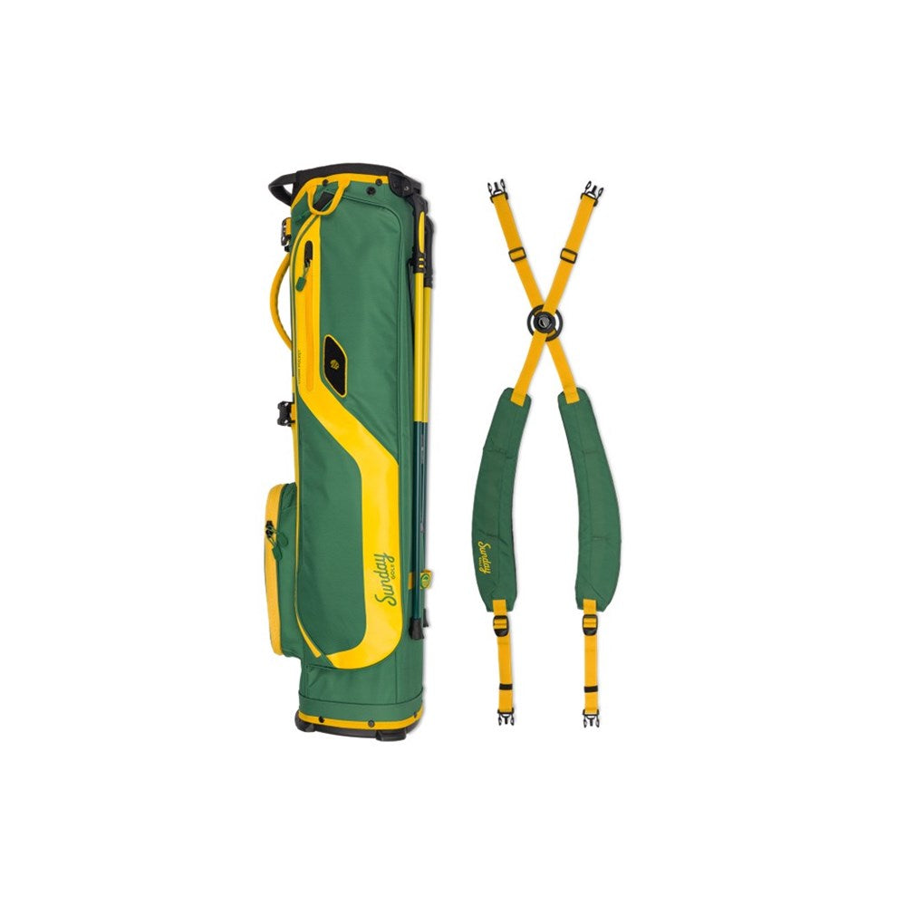 Green and yellow golf bag with suspenders on a white background