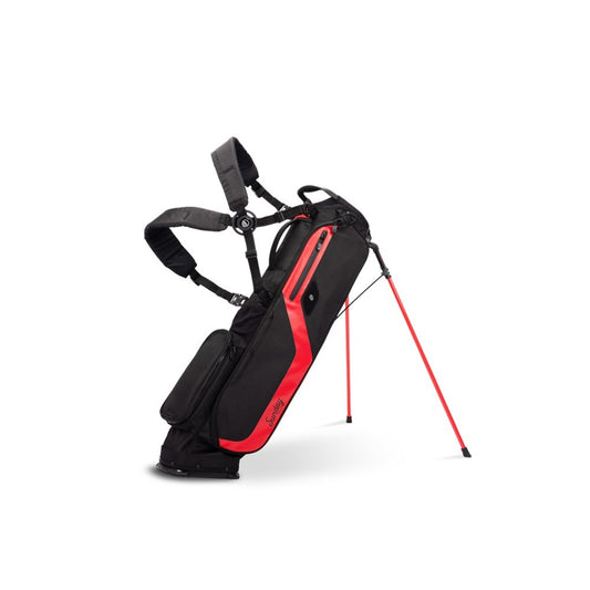 Black and red golf bag with stand on a white background