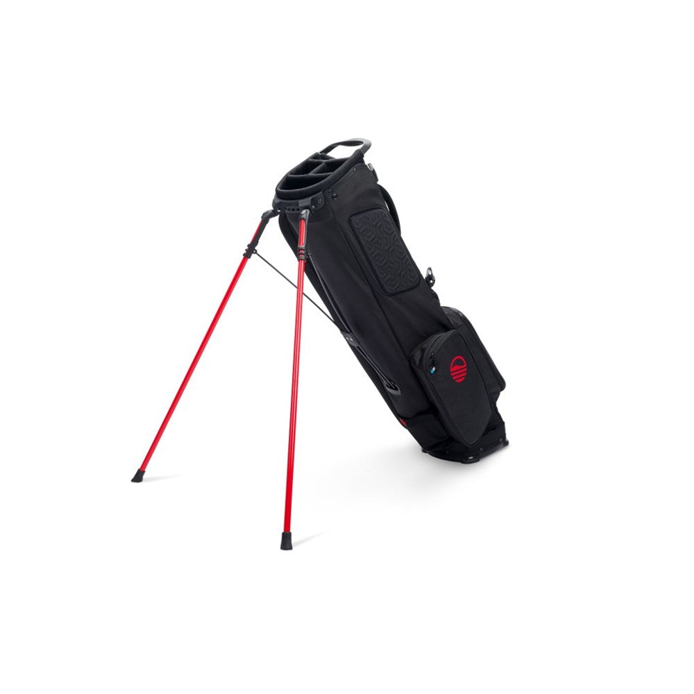 Black golf bag with red accents on a white background