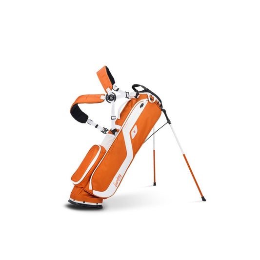 Orange and white golf bag with a stand on a white background