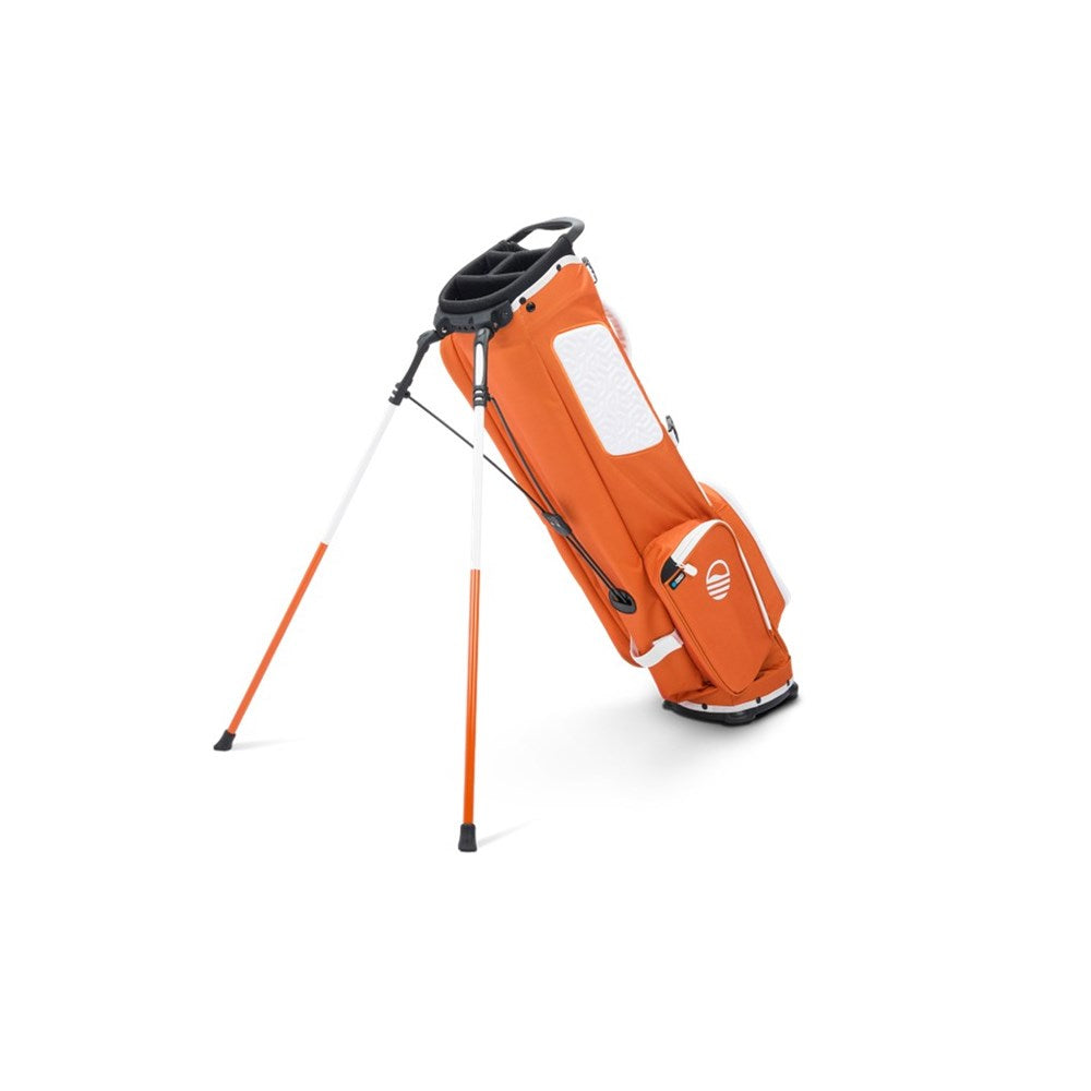 Orange golf bag with stand on a white background