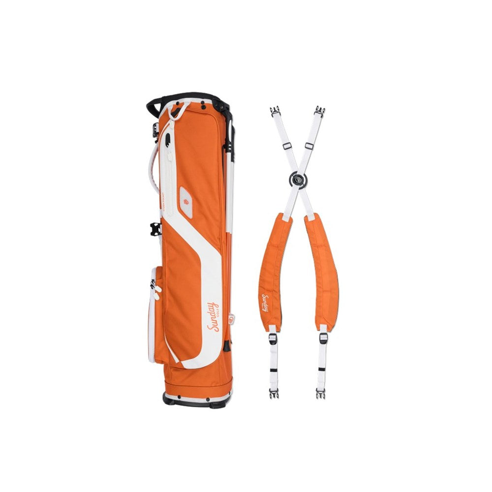 Orange golf bag and golf clubs on a white background