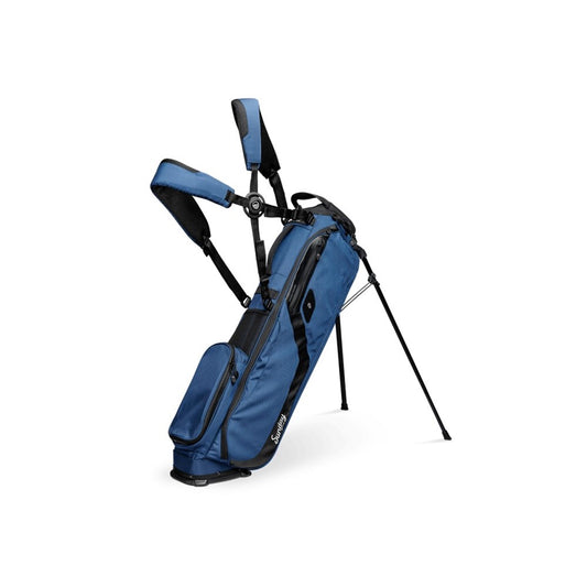 Blue golf bag with stand on a white background