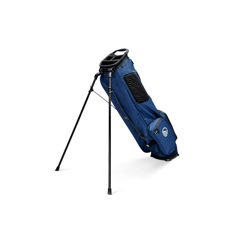 Blue golf bag with stand on a white background