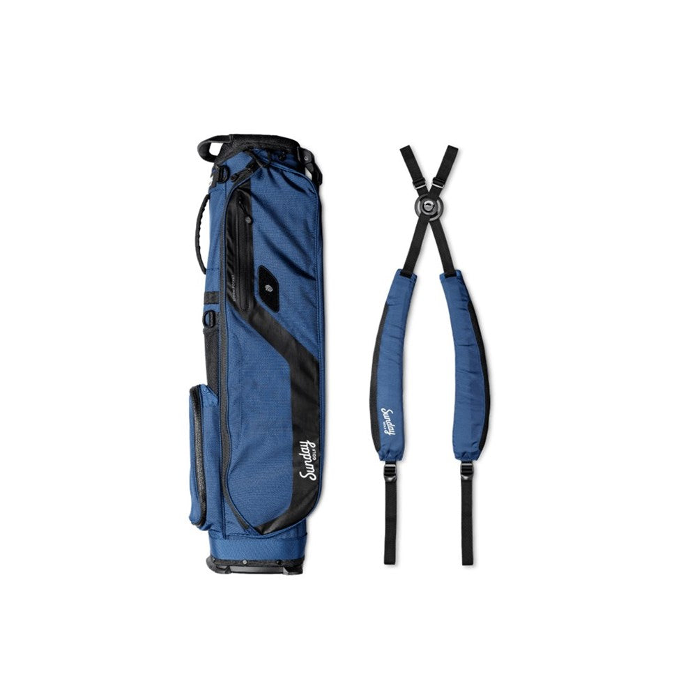 Blue golf bag with black accents and a matching golf club strap on a white background