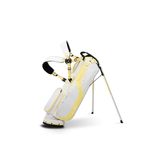 White and yellow golf bag with stand on a white background
