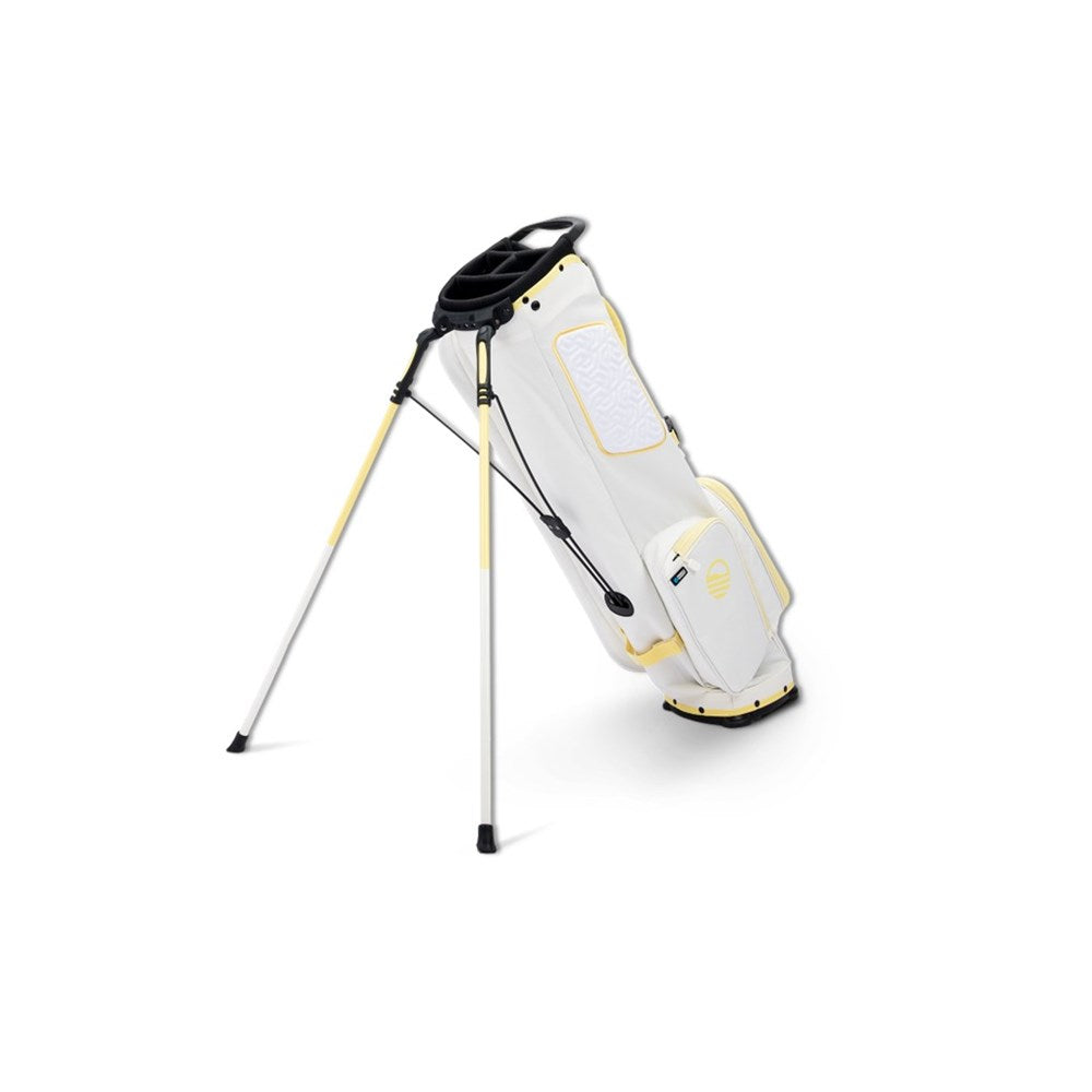 White golf bag with yellow accents on a white background