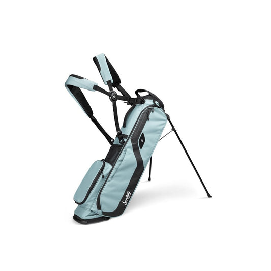 Light blue golf bag with black accents on a white background