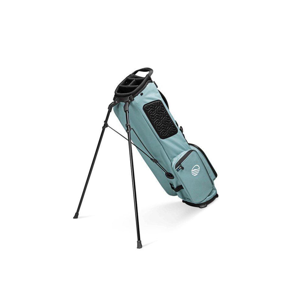Light blue golf bag with stand on a white background