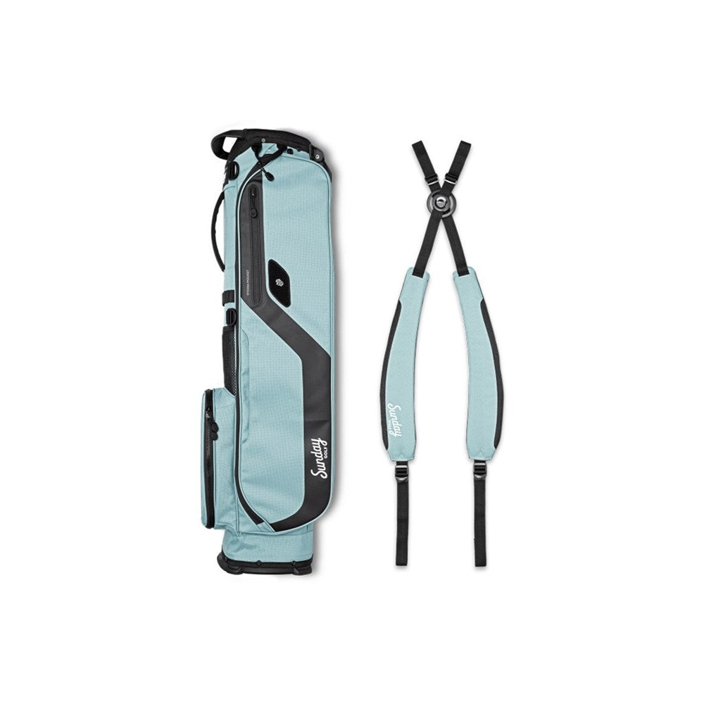 Light blue golf bag with black accents on a white background