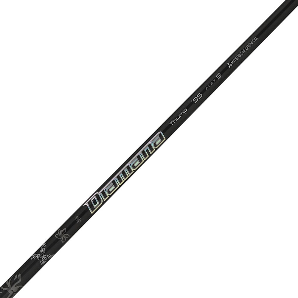 A single black Mitsubishi Chemical golf club shaft with white text branding.