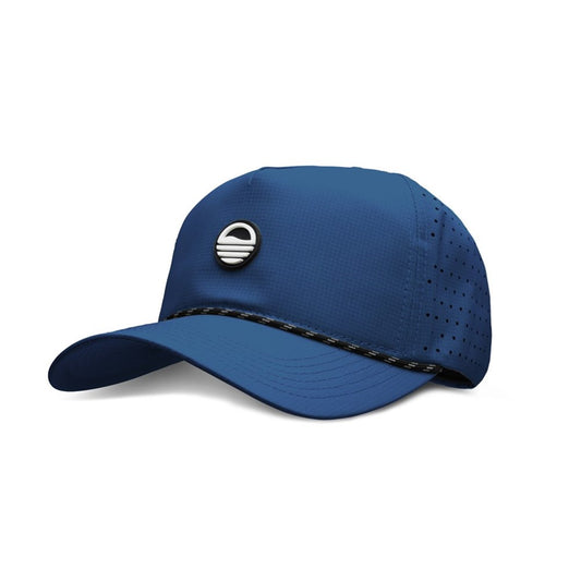 A navy blue golf hat with a flat brim and a small logo on the front.