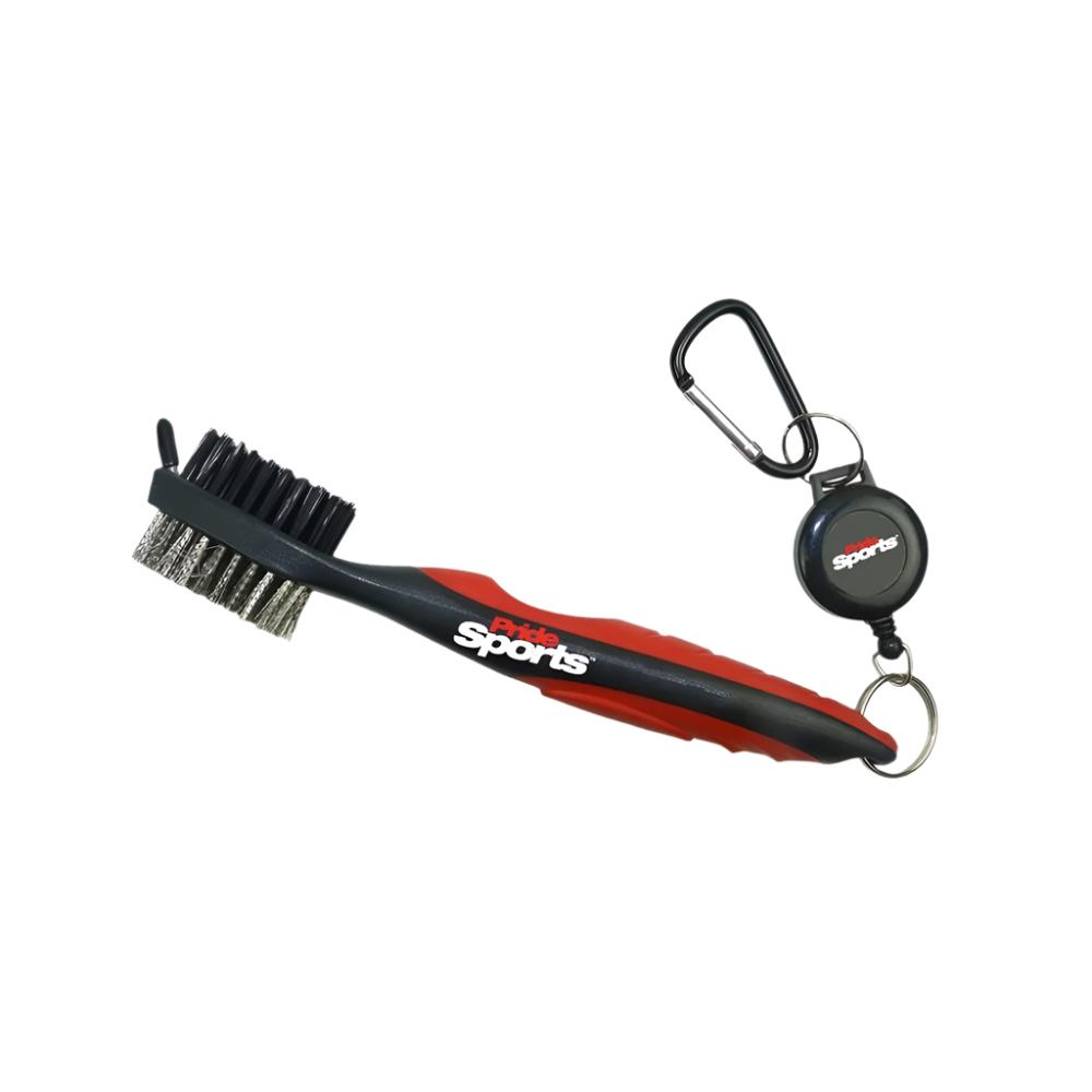 A deluxe golf brush with a black and red handle, gray bristles, and a retractable nylon cord, branded with 'Pride Sports'.