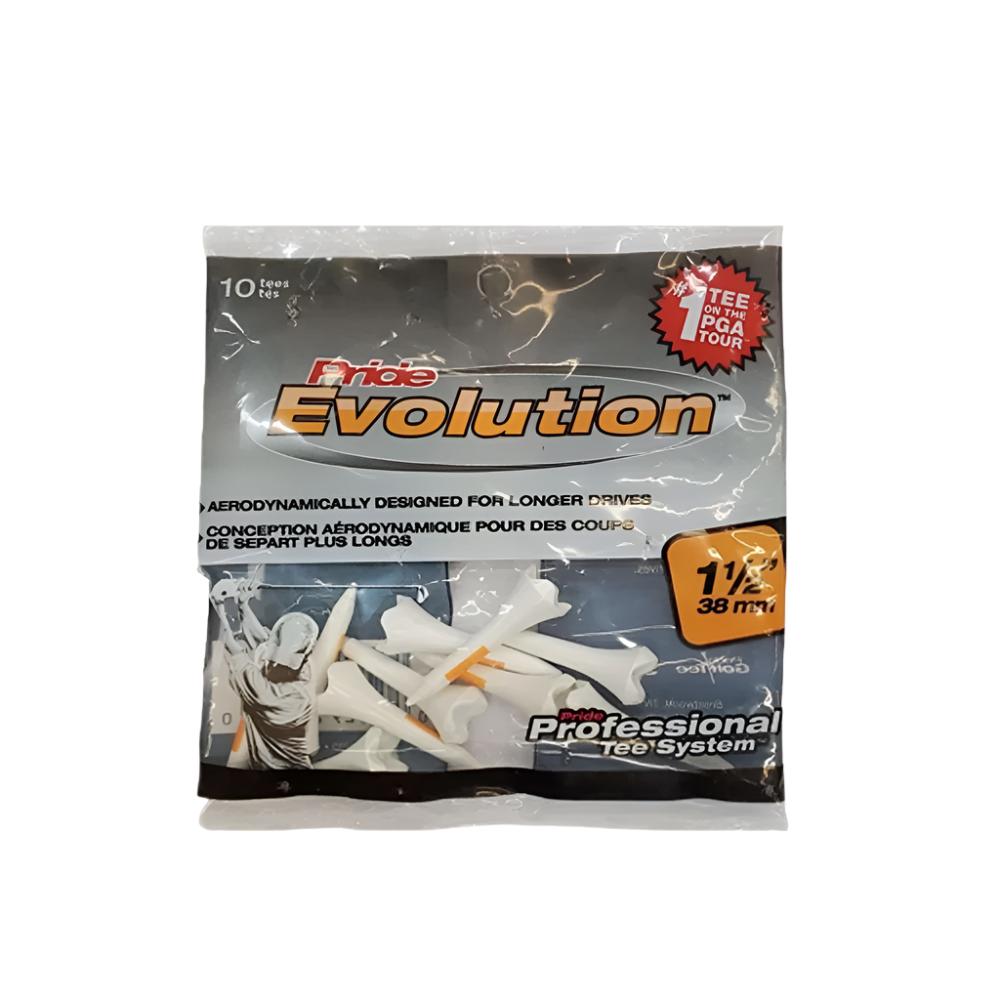 A pack of Pride Sports Evolution plastic golf tees in white color, designed for teeing off with a quantity of 10 pieces per pack.