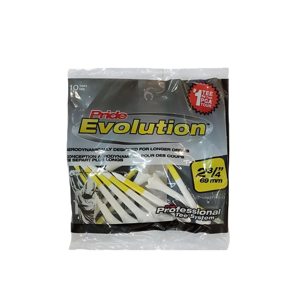 A pack of Pride Evolution plastic golf tees in white color, packaged in a clear plastic bag with branding and product information.