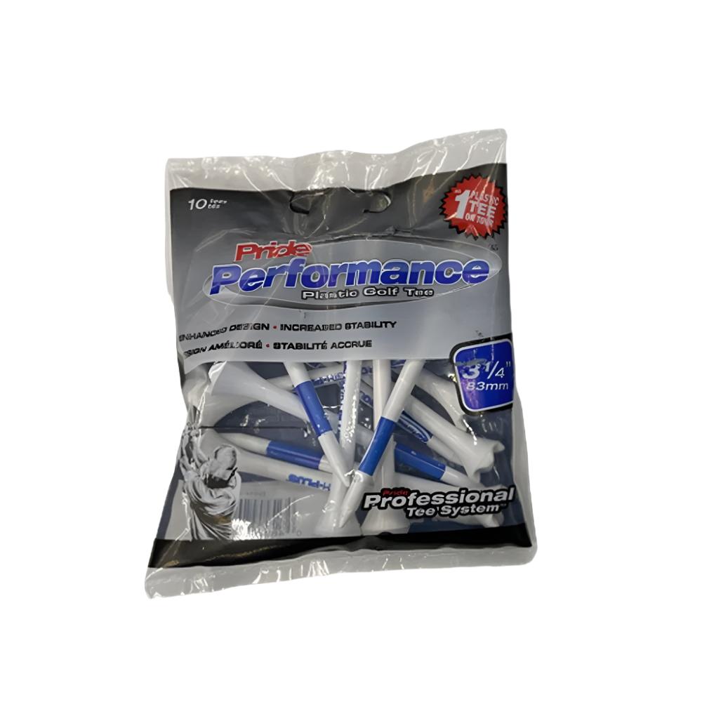 A pack of Pride Performance plastic golf tees in white color, containing 10 pieces, displayed against a plain background.