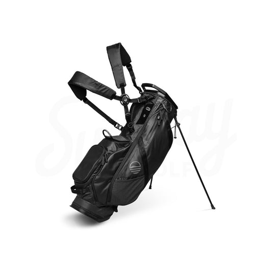 Black golf bag with stand on a white background