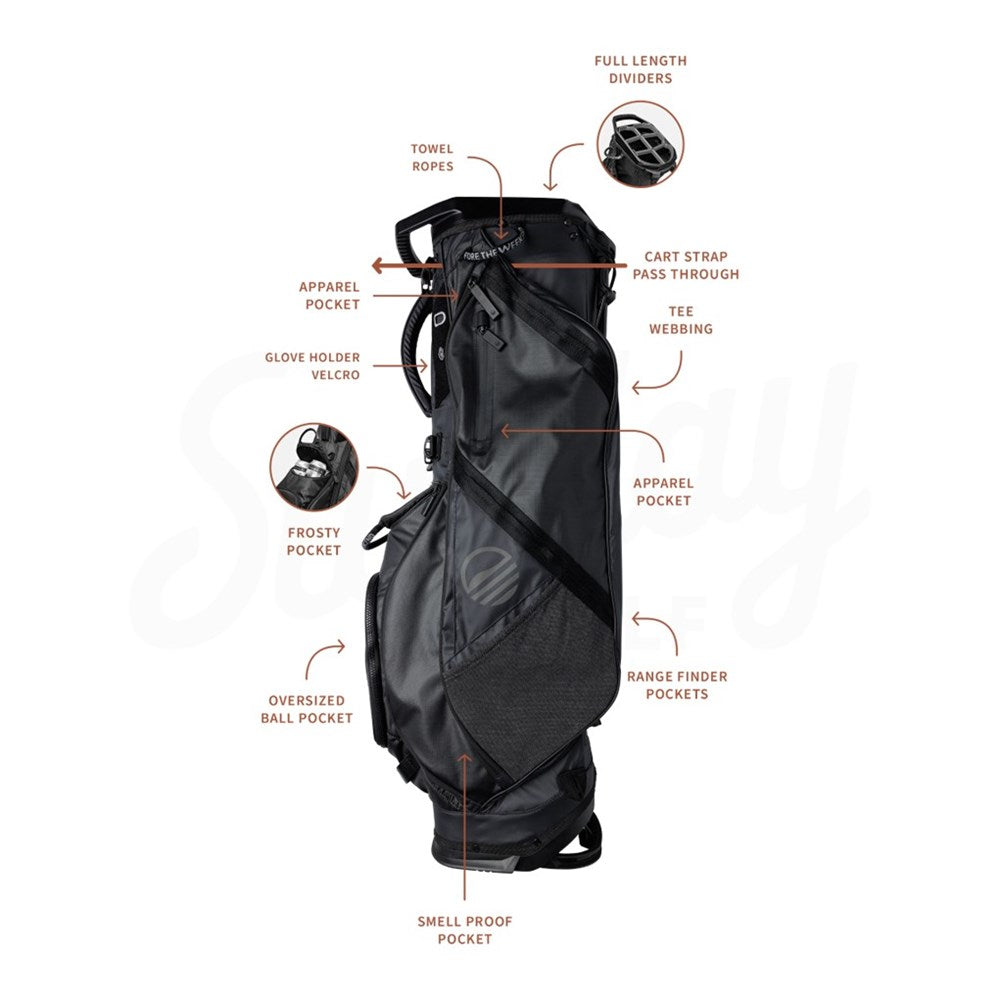 Black golf bag with labeled features on a white background