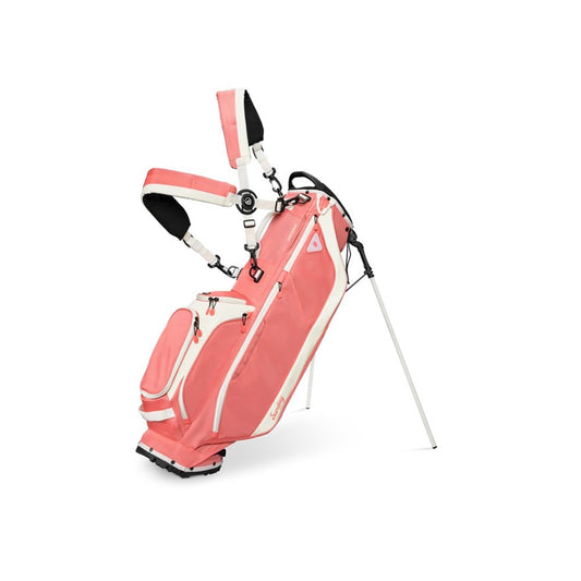 Pink and white golf bag with a stand on a white background