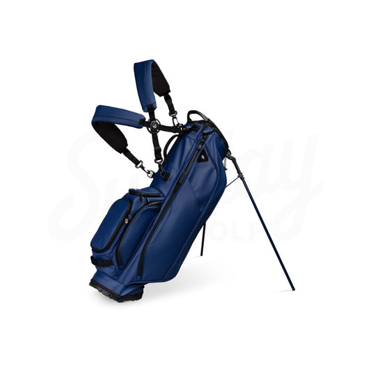 Blue golf bag with stand on a white background