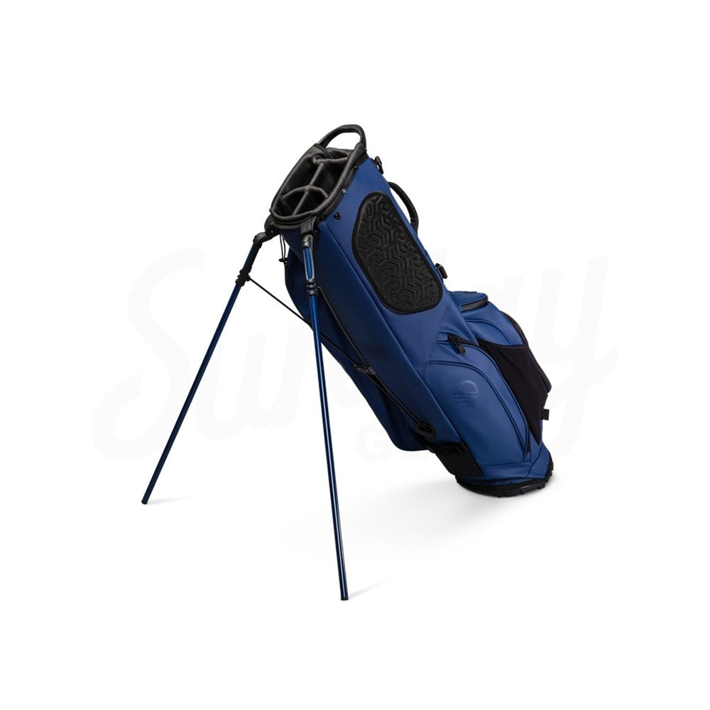 Blue golf bag with stand on a white background