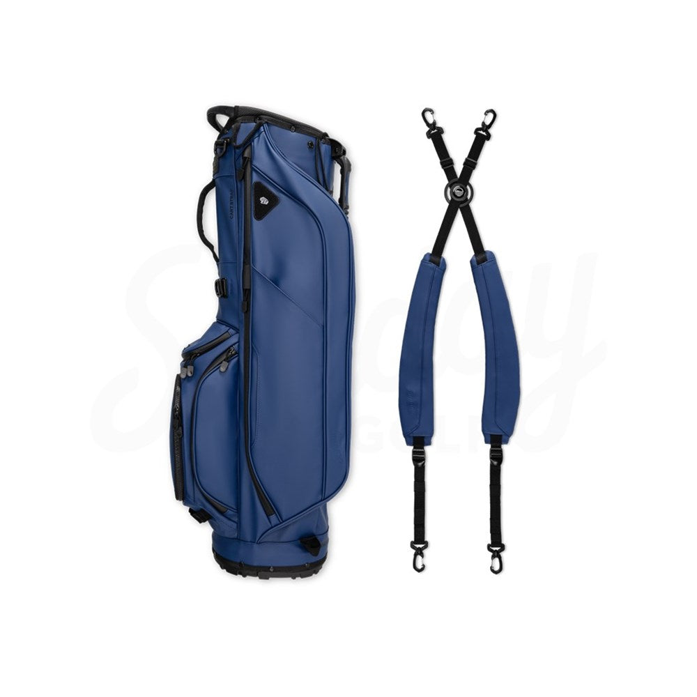 Blue golf bag with a strap on a white background