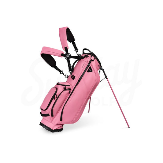 Pink golf bag with black accents on a white background