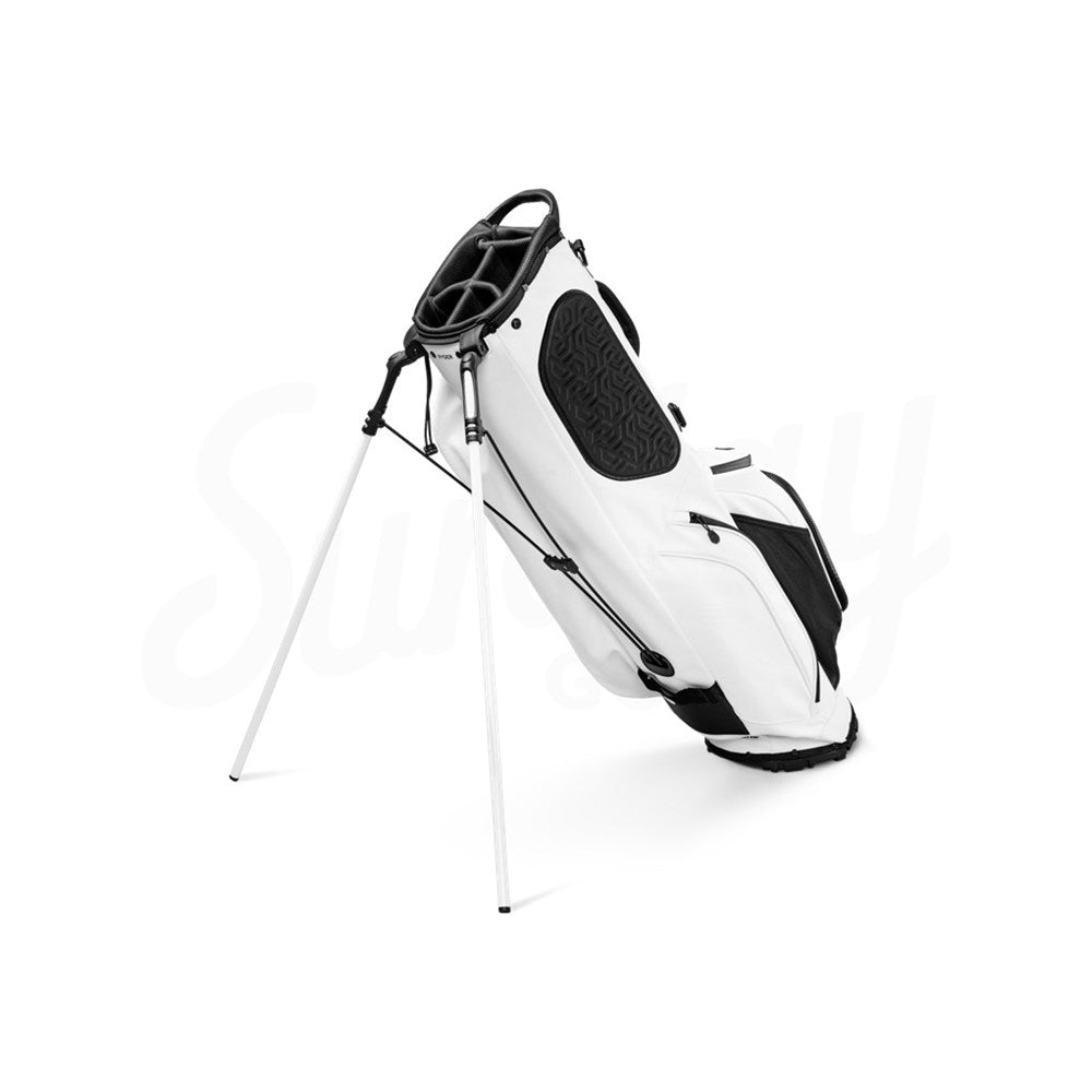 White golf bag with black accents on a white background