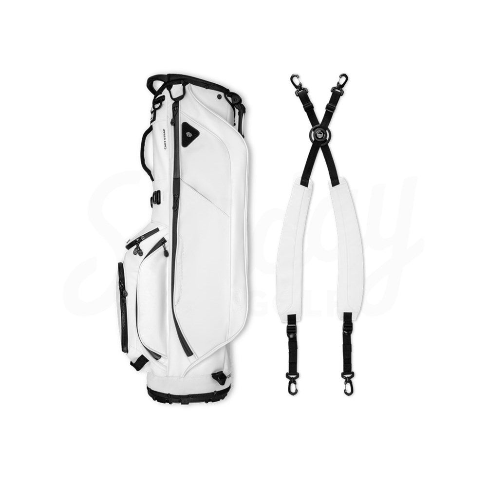 White golf bag with black straps on a white background