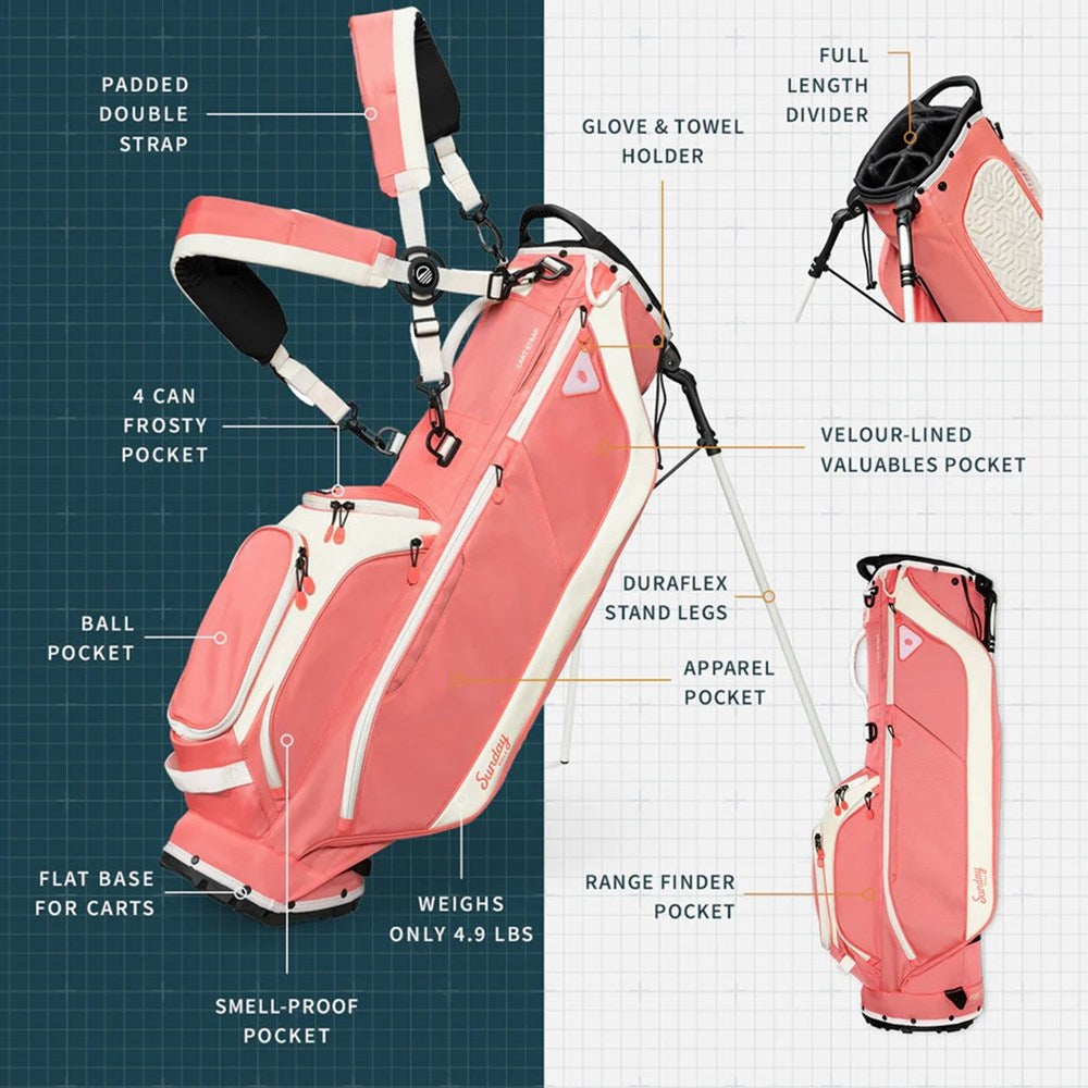 Pink golf bag with features labeled on a blue grid background