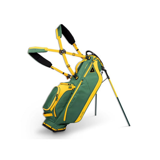 Green and yellow golf bag with stand on a white background