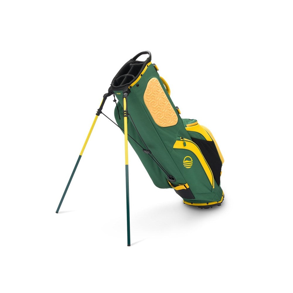 Green and yellow golf bag with stand on a white background